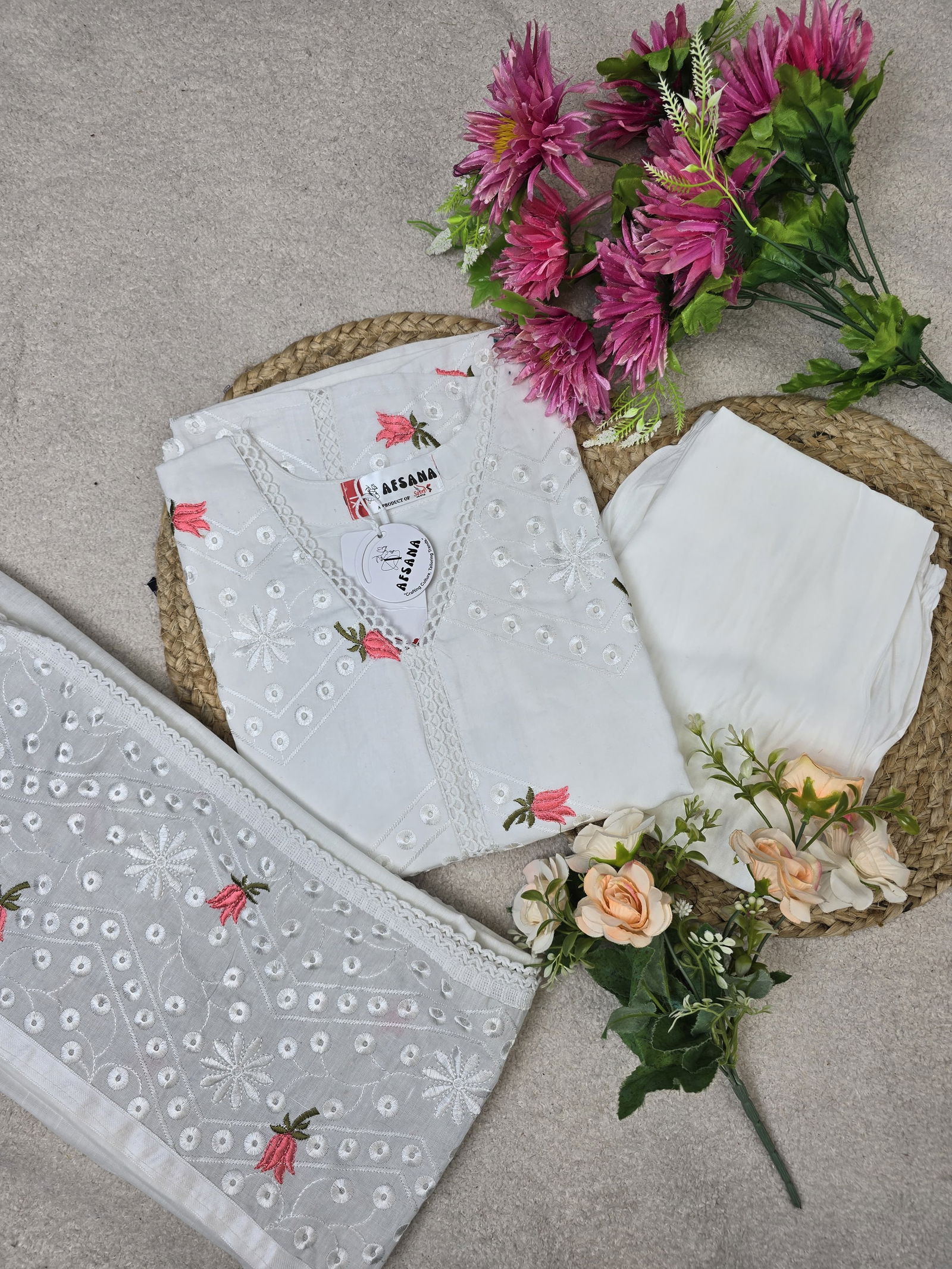 Sidhra By Afsana White Chickan Embroidery Cotton Kurti With Bottom Dupatta Wholesalers In Delhi